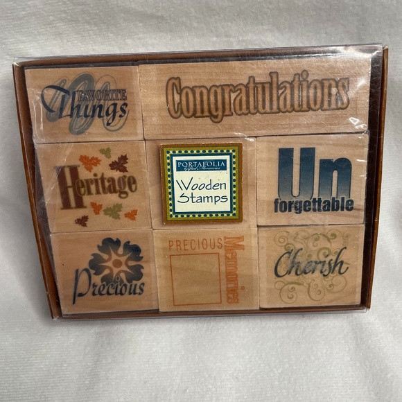 Portafolia Gifted Memories Wooden Rubber Stamps Set of 8 NEW - Picture 1 of 4